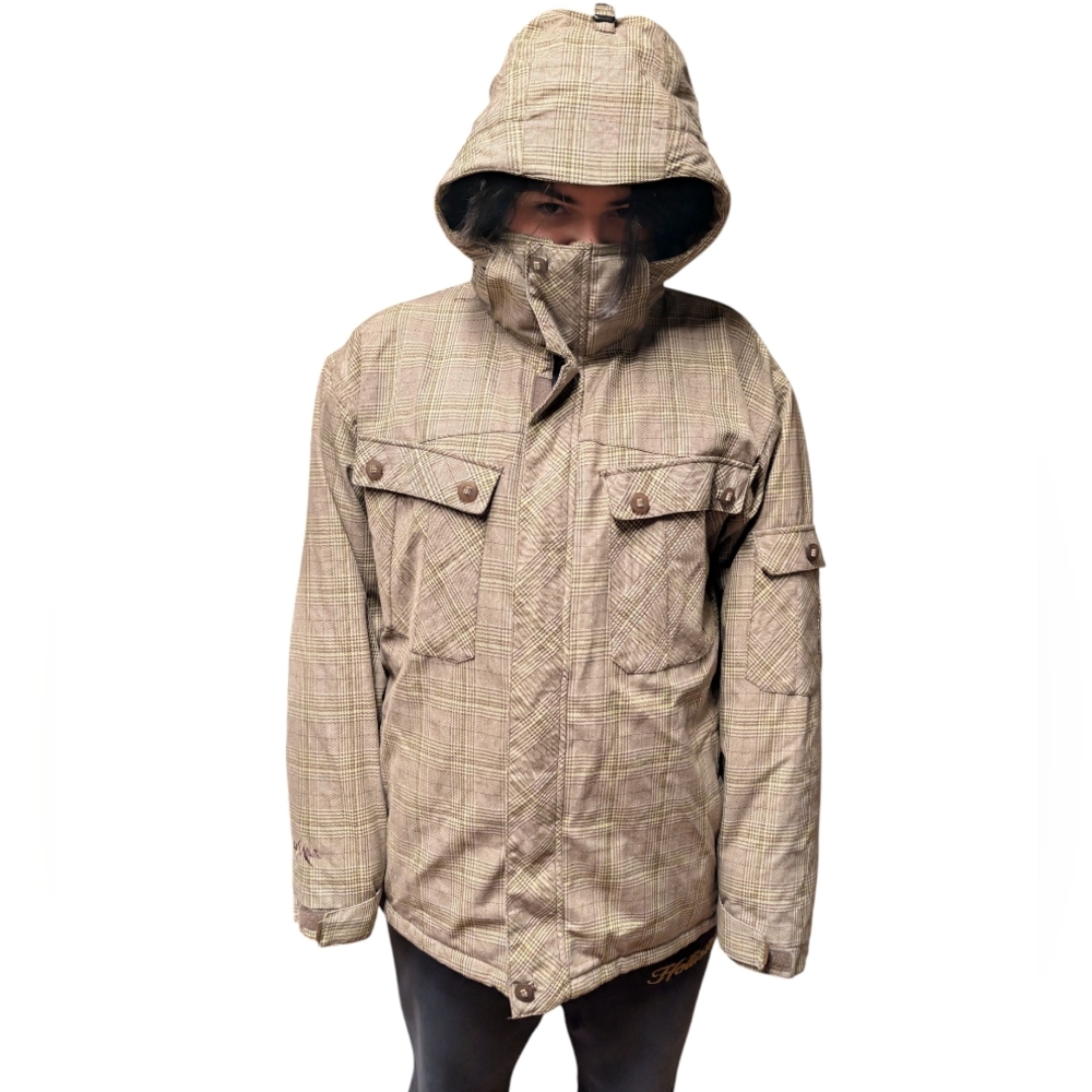 Lamar Ski Snowboard Winter Plaid Brown Tan Coat Removable Hood Men's XL